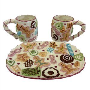 Vintage Hand Painted Ceramic Christmas Cookie Mug Plate Set 1990s